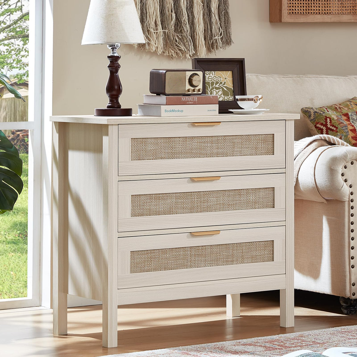 LEYAOYAO 26.8" Wide Rattan Nightstands Set of 2, Large Boho Night Stand