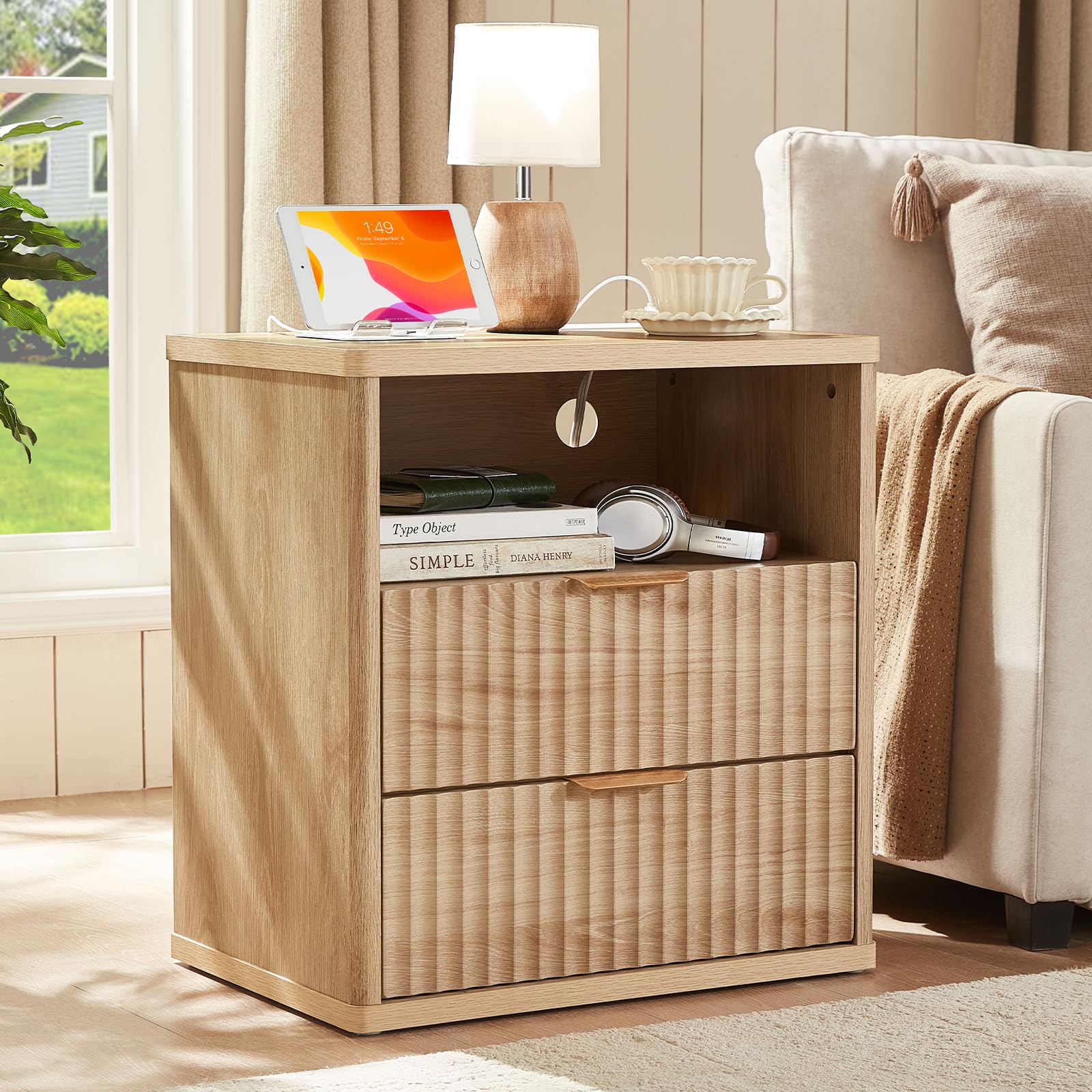 LEYAOYAO Fluted Dresser and 2 Drawers Nightstand Set of 2, Wood 48" Wide Dresser & 23" Night Stand with Charging Station, 3 Piece Bedroom Furniture Set, Chest of Drawers for Living Room,Antique White