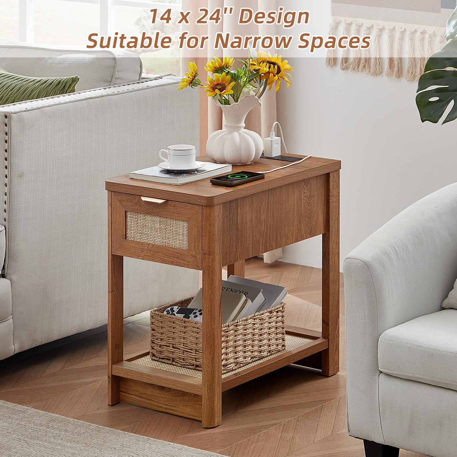 Lerliuo 24 x 14'' Narrow Night Stand Set 2 with Charger USB Ports