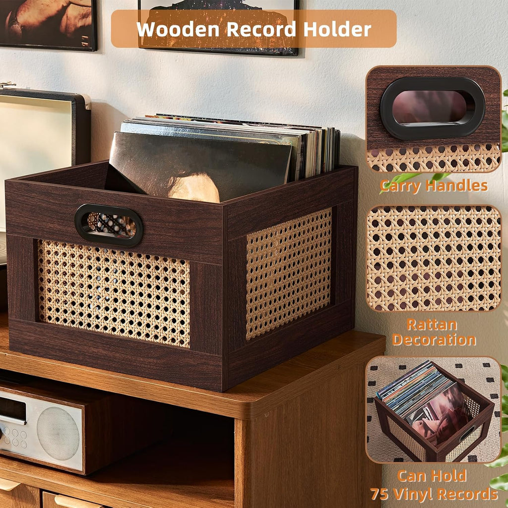 LEYAOYAO Vinyl Record Storage, Rattan Record Crate for Vinyl Albums Holder