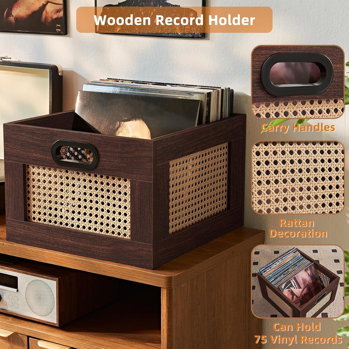 LEYAOYAO Vinyl Record Storage, Rattan Record Crate for Vinyl Albums Holder