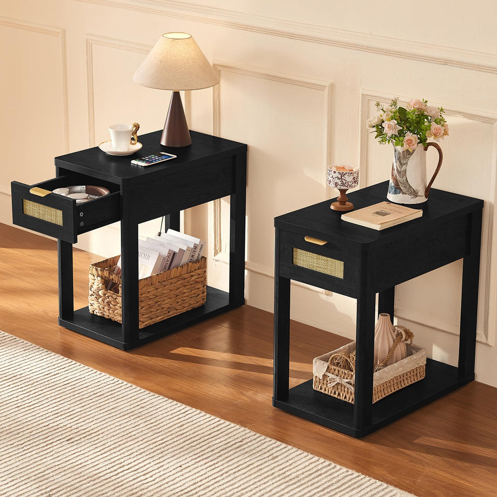 LEYAOYAO Narrow Side Table with Charging Station, Rattan 24 x 14''