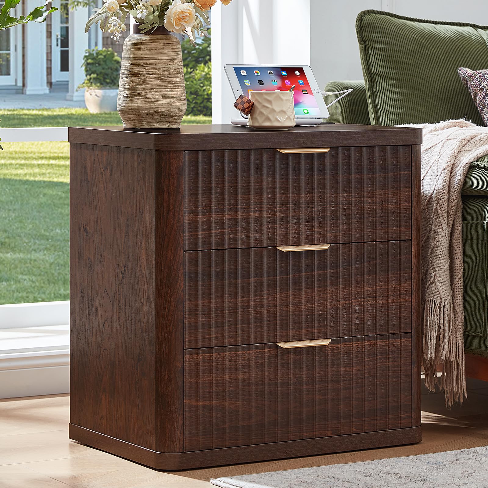 LEYAOYAO 23" Wide Fluted Night Stand with Charging Station, 3 Drawers Large End Table with Storage, LightGrey Nightstand Wood Bedside Tables, Farmhouse Cabinet Dresser for Bedroom, Closet