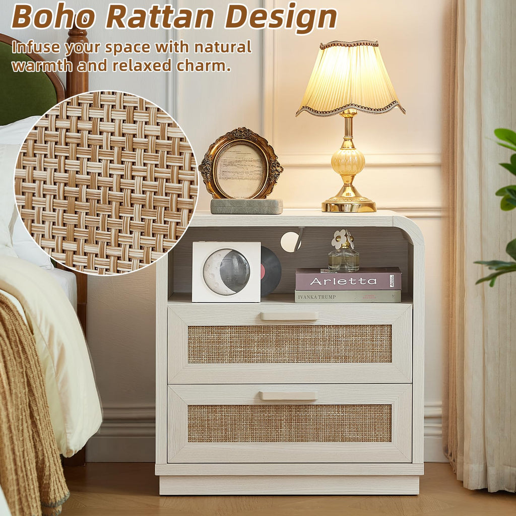 LEYAOYAO Rattan Nightstands Set of 2 with Charging Station, Natural