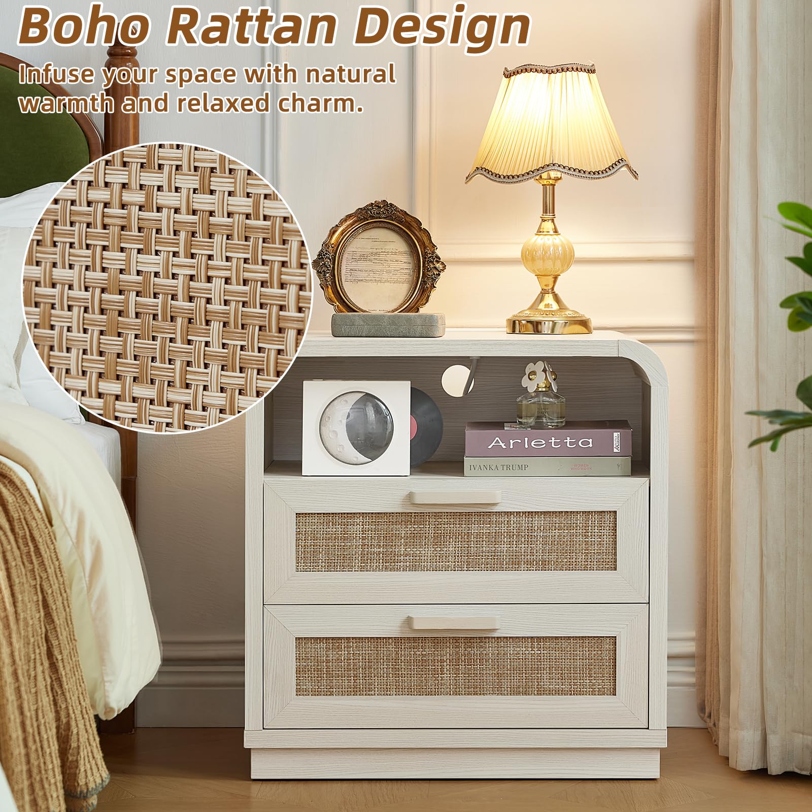 LEYAOYAO Rattan Nightstands Set of 2 with Charging Station, Natural