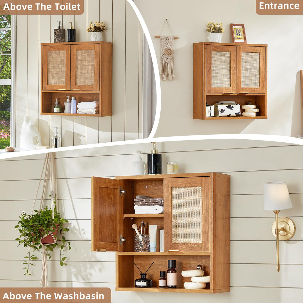 LEYAOYAO 68" Boho Over the Toilet Storage Cabinet with Rattan Sliding Door