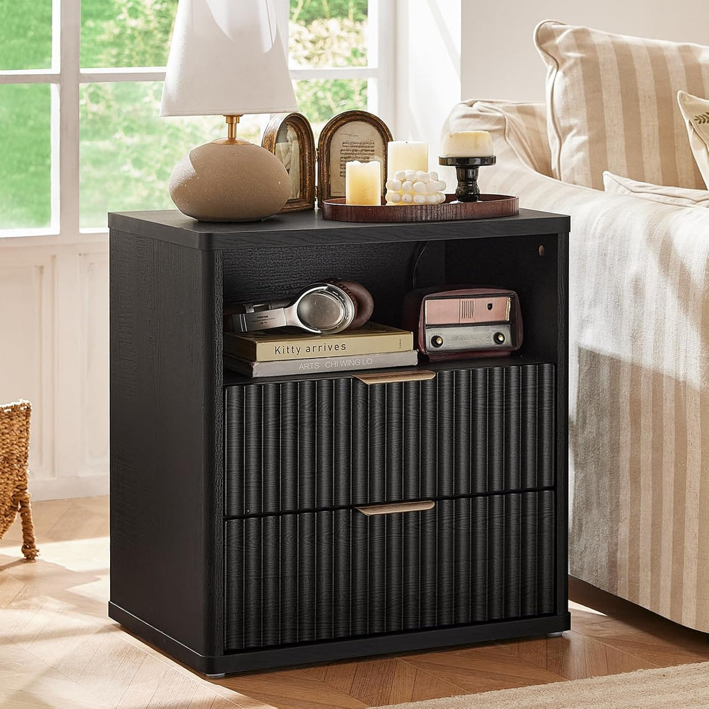 LEYAOYAO 23" Wide Fluted Night Stand with Charging Station, 2 Drawers Large End Table with Storage, LightGrey Nightstand Wood Bedside Tables, Farmhouse Cabinet Dresser for Bedroom, Closet