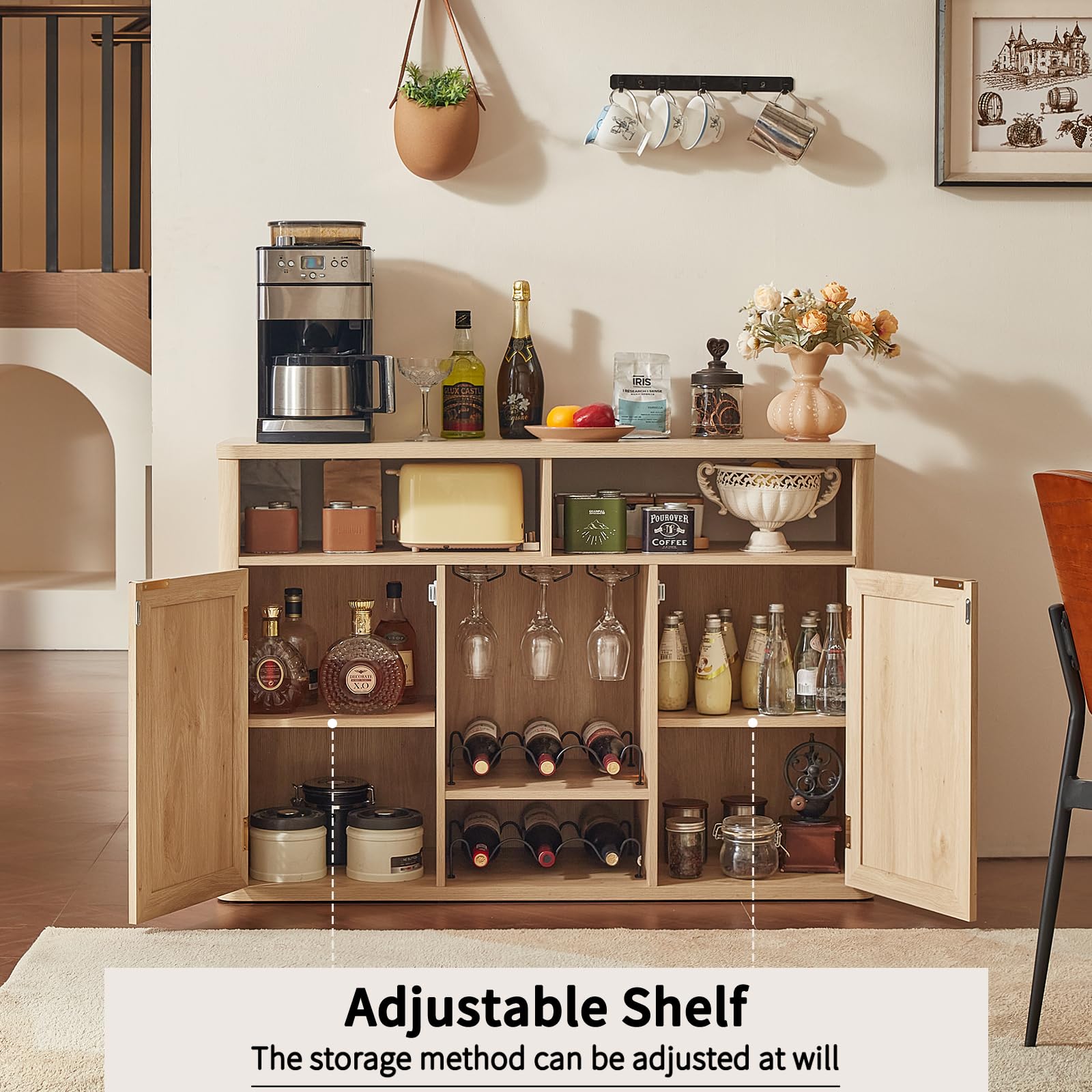 Lerliuo Rattan Wine Bar Cabinet with 2 Doors, Walnut