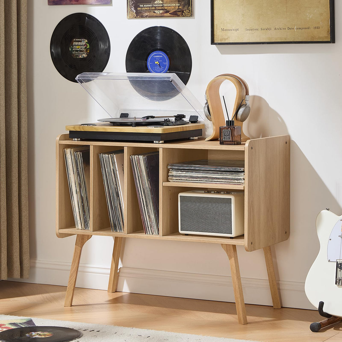 Lerliuo Record Player Stand with 4 Cabinet Holds Up to 220 Albums,Oak