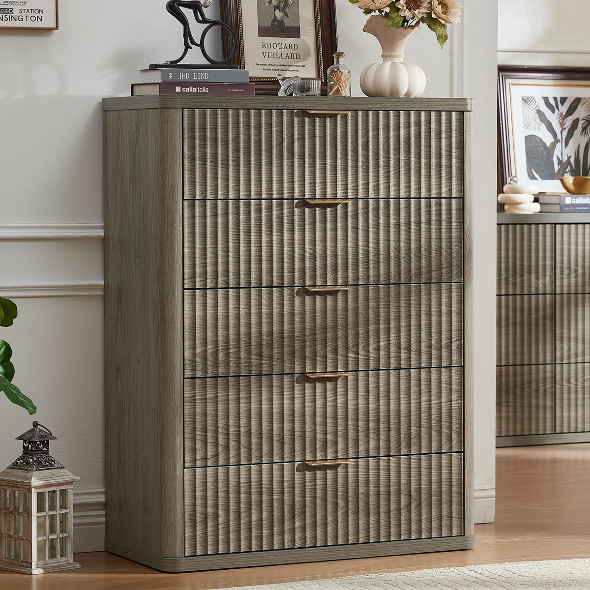 LEYAOYAO Fluted 5 Drawers Dresser for Bedroom, 41" Tall Modern Chest of Drawers with Metal Handle, Curved Profile Design,Natural Wood Drawer Organizer for Bedroom, Living Room, Hallway, Entryway