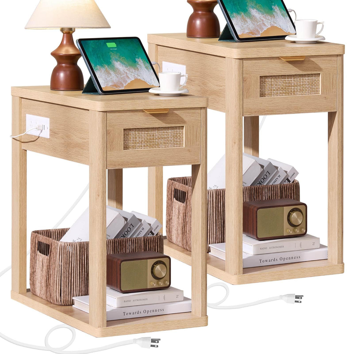 LEYAOYAO Narrow Side Table with Charging Station, Rattan 24 x 14''