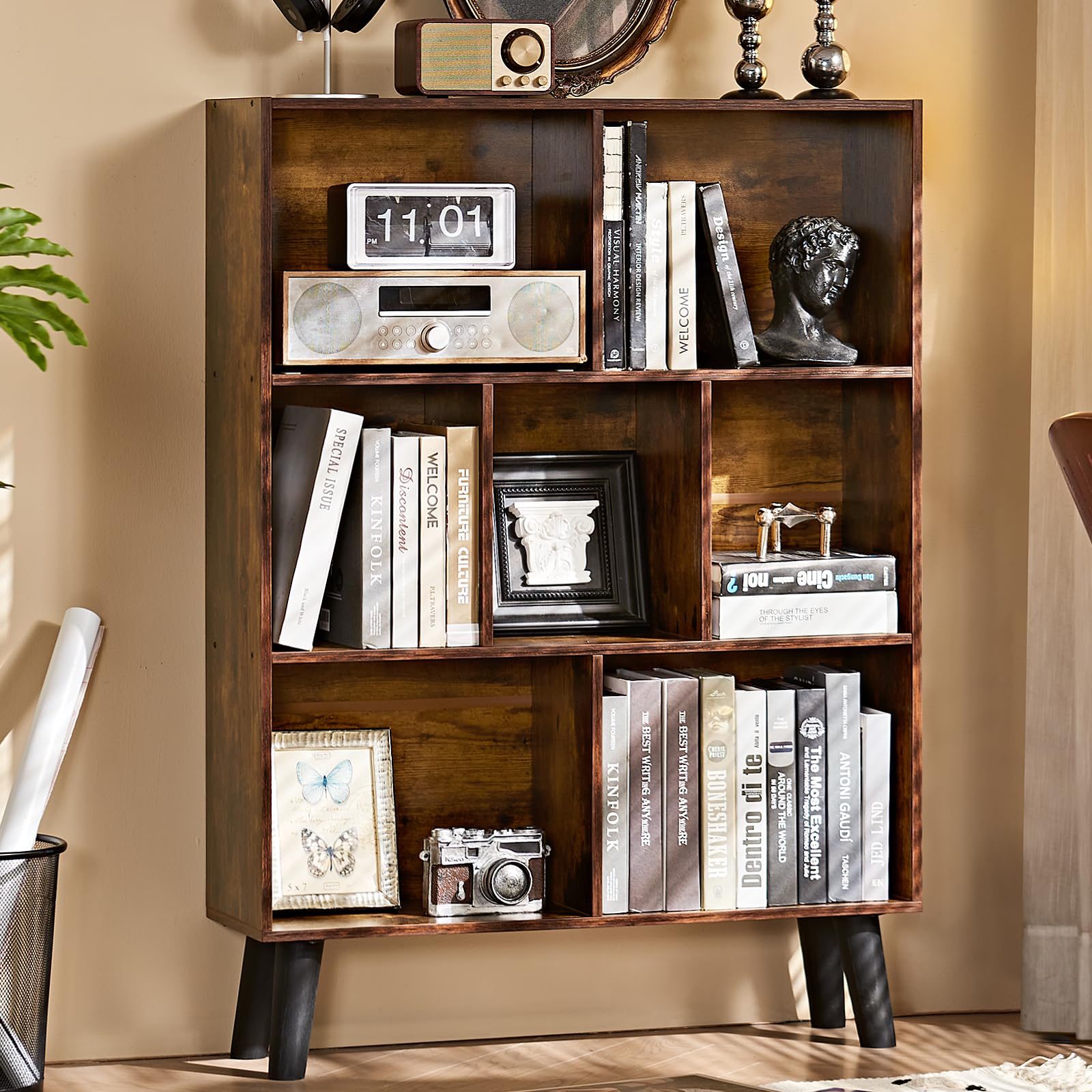 LEYAOYAO 7 Cube Bookshelf, Mid-Century Modern Bookcase Legs,Black Wooden Book Shelves, Wood 3-Tier Freestanding Storage Organizer Display Shelf for Bedroom,Living Room,Office