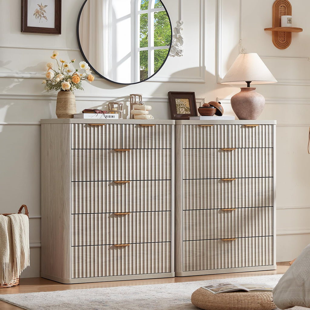 LEYAOYAO Fluted 6 Drawers Dresser for Bedroom Set of 2, 42" Tall Modern Chest of Drawer with Metal Handle, Curved Profile Design,Brown Wood Drawer Organizer for Bedroom, Living Room, Hallway