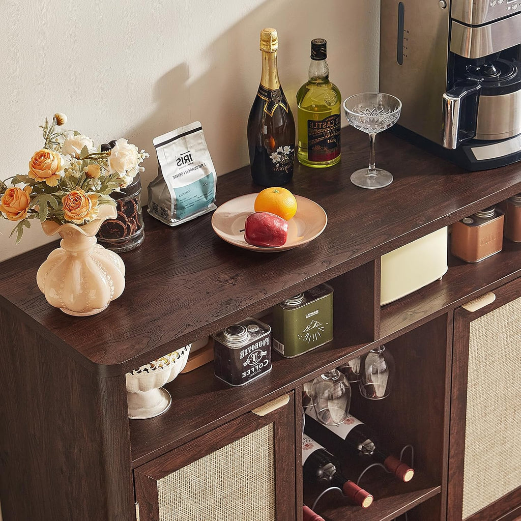 Lerliuo Rattan Wine Bar Cabinet with 2 Doors, Walnut