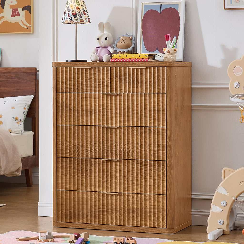 LEYAOYAO Fluted 6 Drawers Dresser for Bedroom Set of 2, 42" Tall Modern Chest of Drawer with Metal Handle, Curved Profile Design,Brown Wood Drawer Organizer for Bedroom, Living Room, Hallway