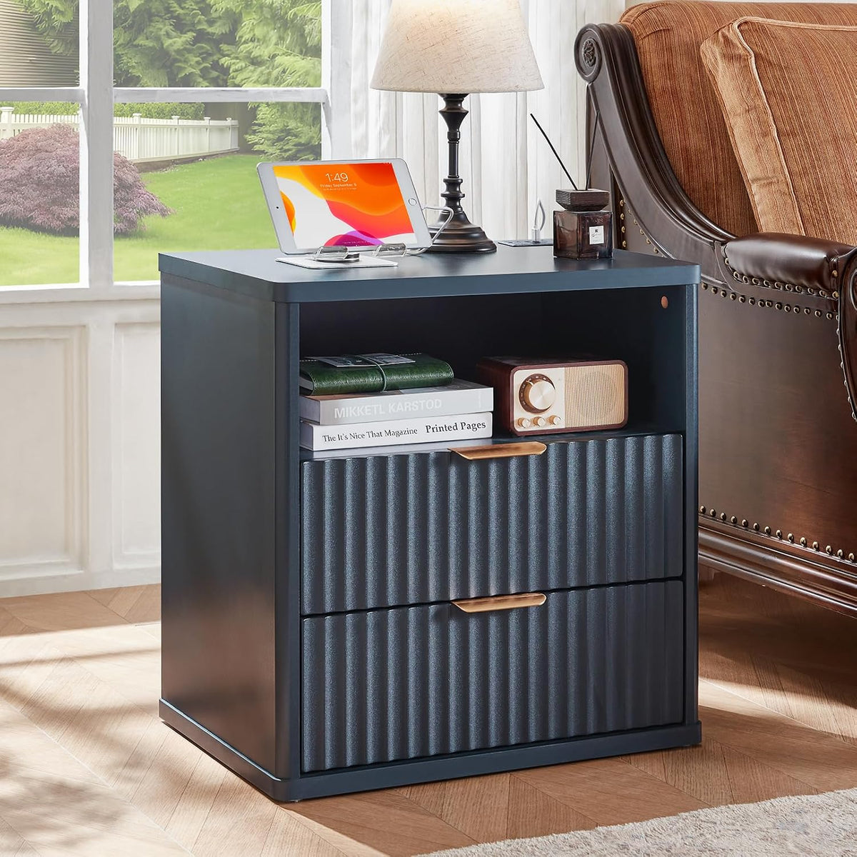 Lerliuo Fluted Nightstand with Charging Station, 23" Wide 2 Drawers End Table, Blue Night Stand with Open Storage Cabinet, Farmhouse Bed Side Tables, Wood Dresser for Bedroom