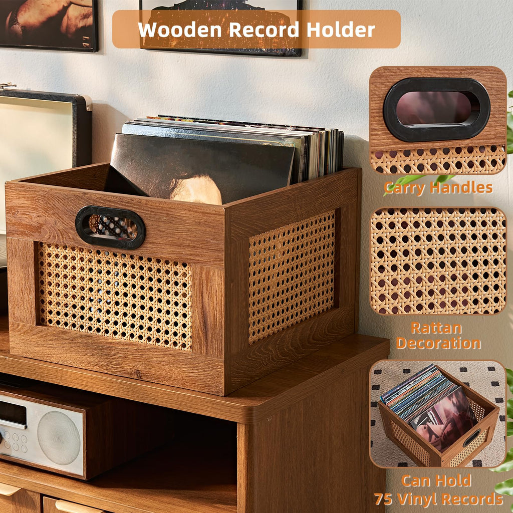 LEYAOYAO Vinyl Record Storage, Rattan Record Crate for Vinyl Albums Holder
