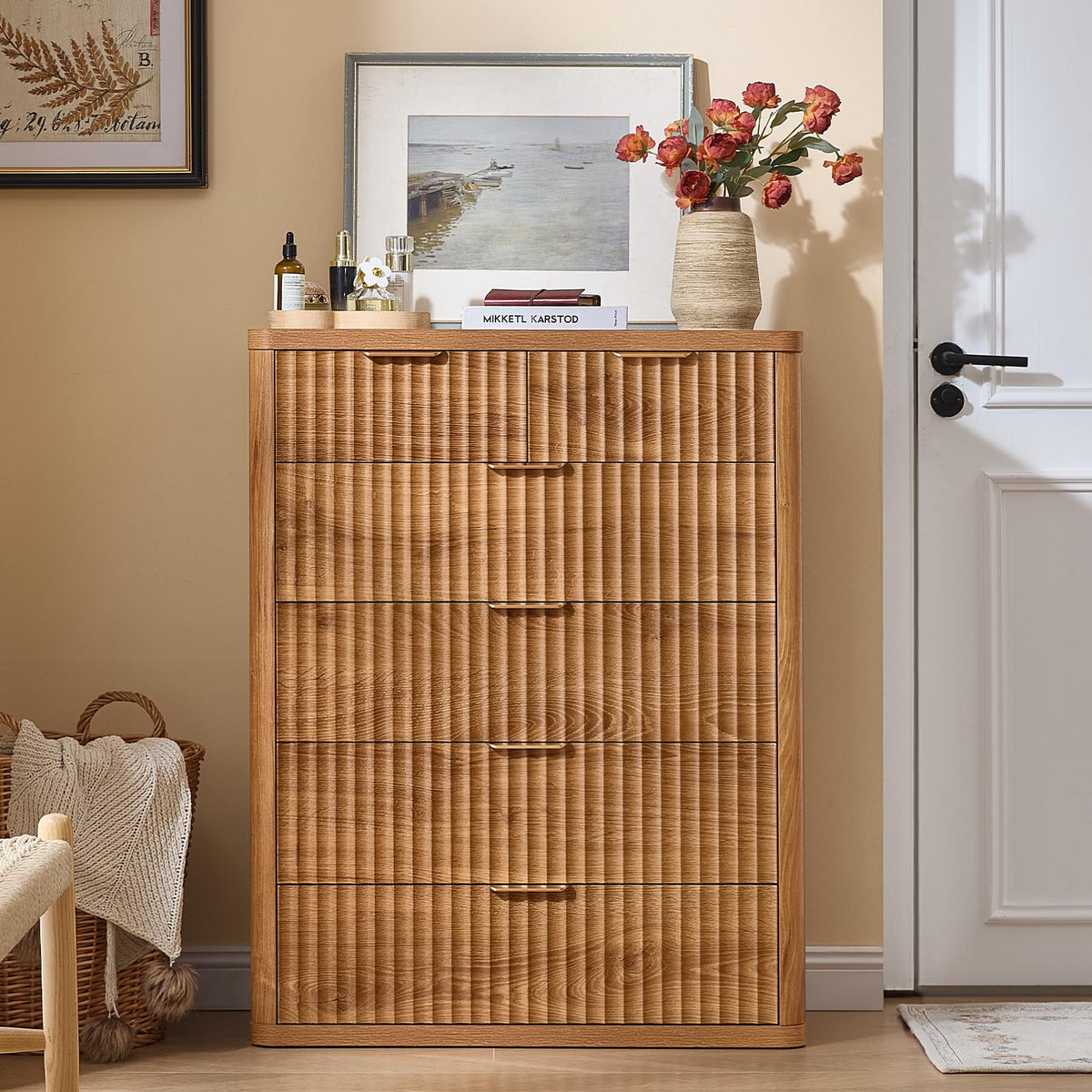 LEYAOYAO Fluted 6 Drawers Dresser for Bedroom Set of 2, 42" Tall Modern Chest of Drawer with Metal Handle, Curved Profile Design,Brown Wood Drawer Organizer for Bedroom, Living Room, Hallway