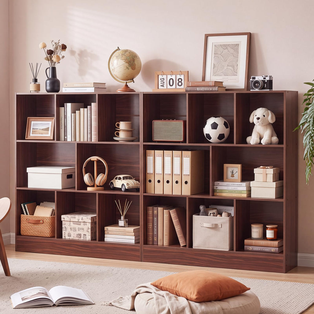 LEYAOYAO 7 Cube Bookshelf with Base,3 Tier Mid-Century Modern Blue Bookcase,Standing Wide Bookshelves Storage Organizer Shelf,Rustic Wood Display Cabinet Book Shelves for Bedroom,Living Room,Office