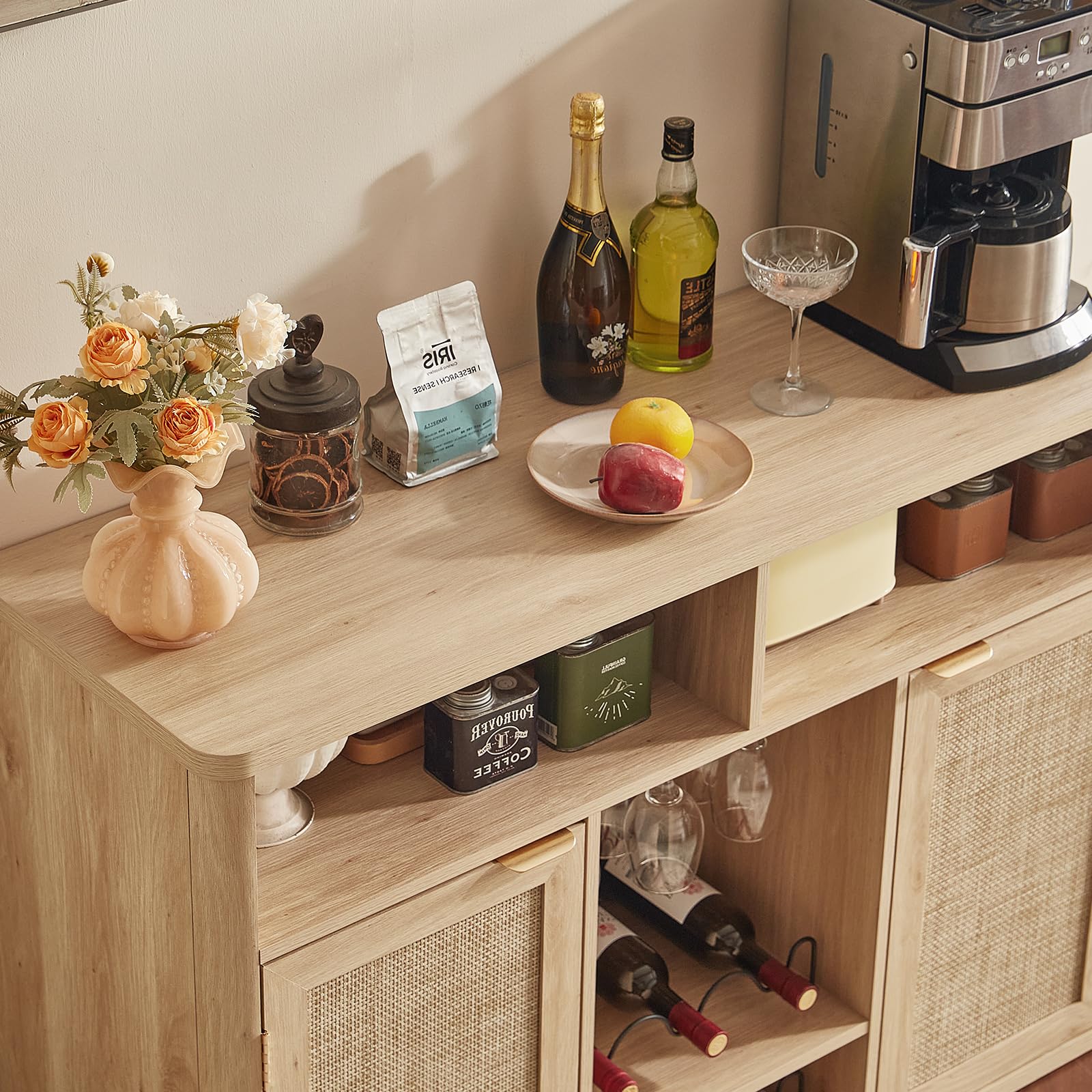 Lerliuo Rattan Wine Bar Cabinet with 2 Doors, Walnut