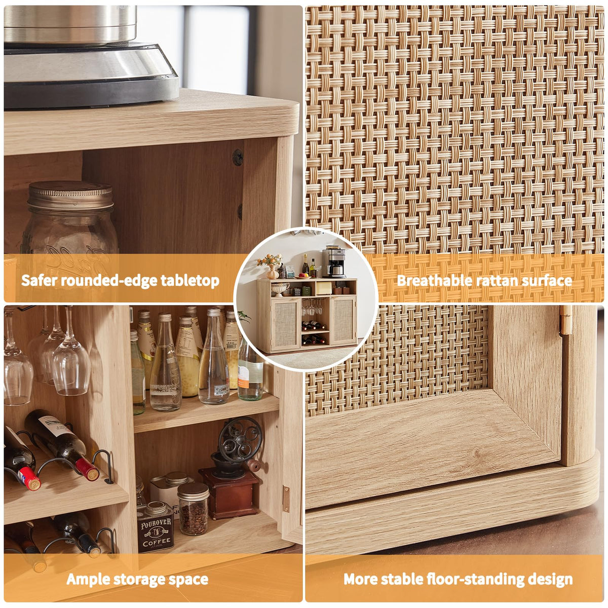Lerliuo Rattan Wine Bar Cabinet with 2 Doors, Walnut