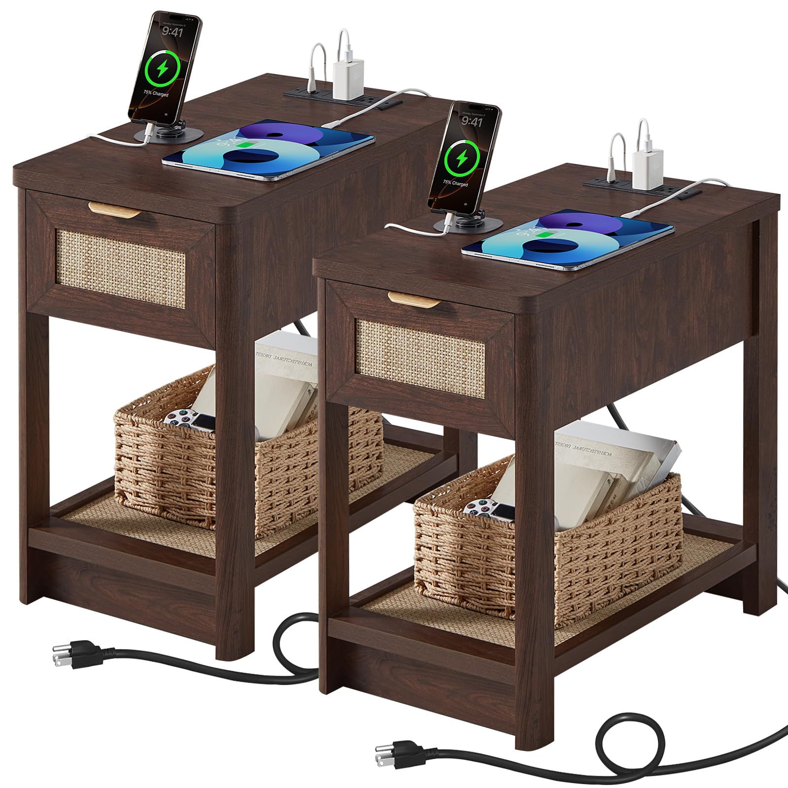 Lerliuo 24 x 14'' Narrow Night Stand Set 2 with Charger USB Ports