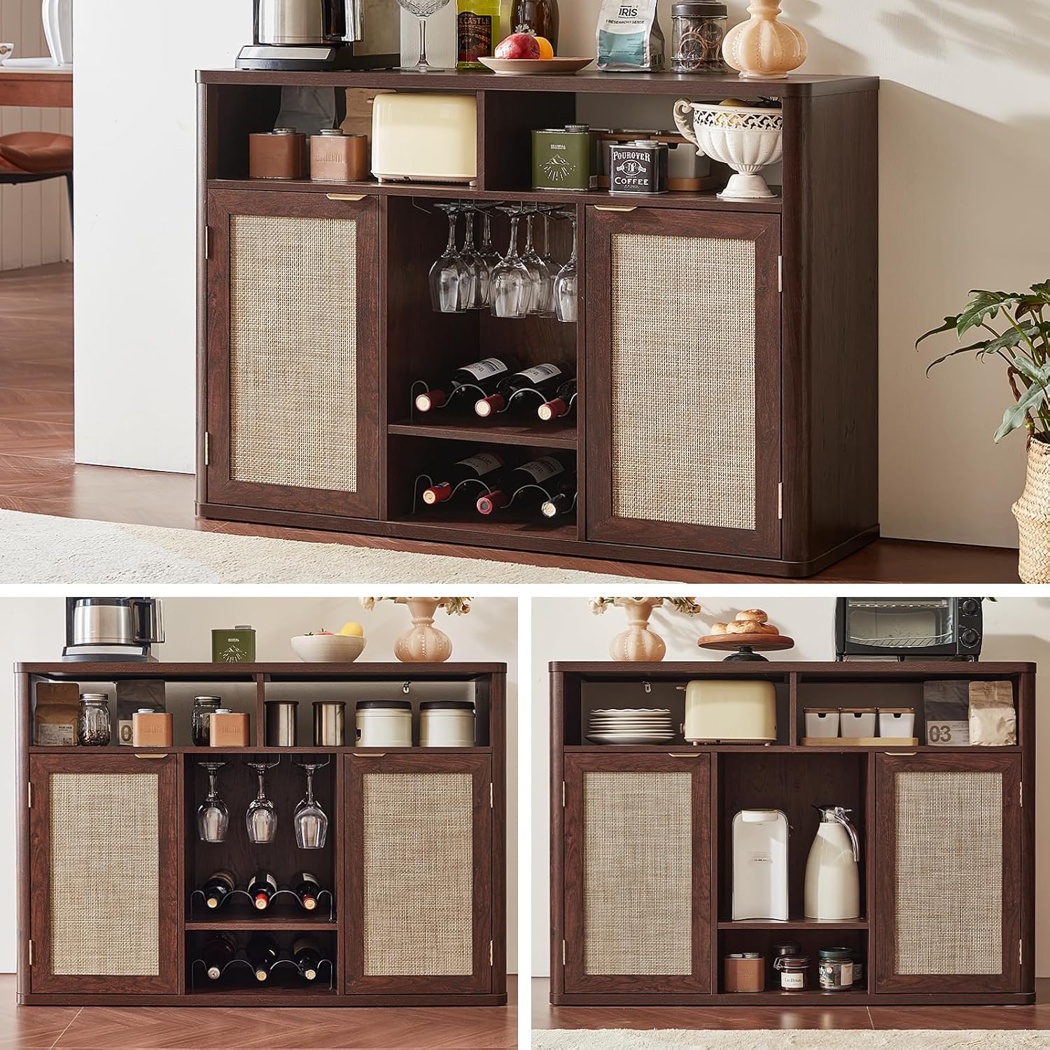 Lerliuo Rattan Wine Bar Cabinet with 2 Doors, Walnut