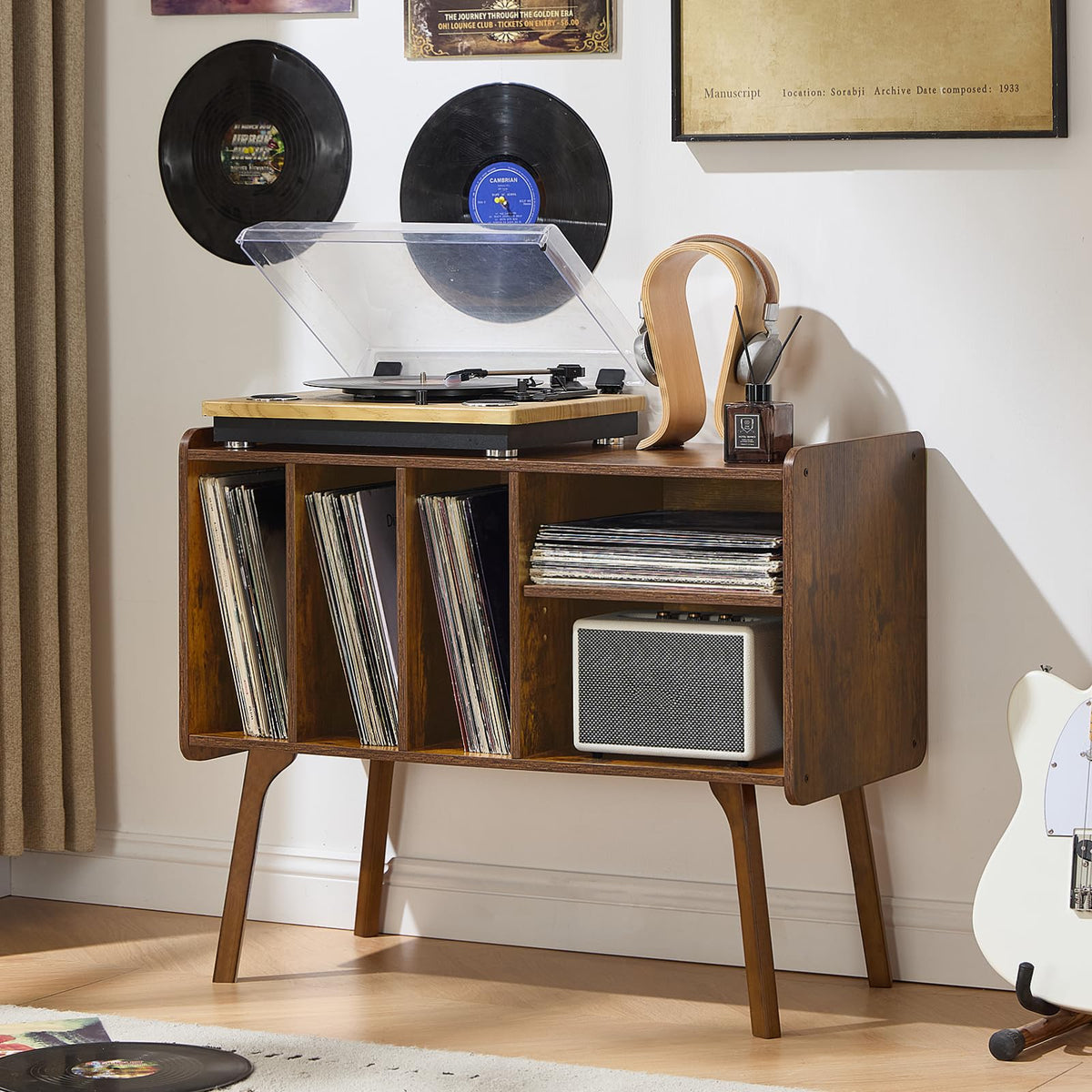 Lerliuo Record Player Stand with 4 Cabinet Holds Up to 220 Albums,Oak
