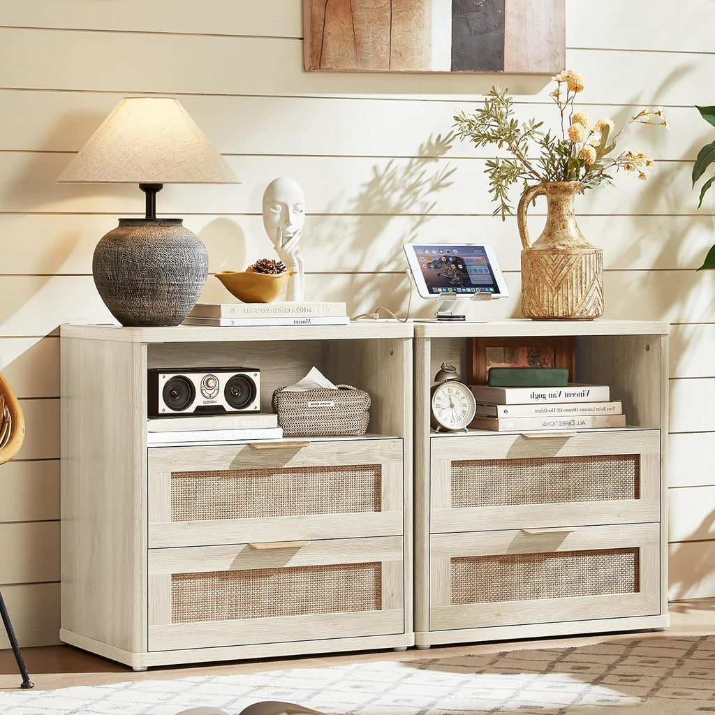 LEYAOYAO Boho Night Stands Set 2 with Charging Station, 23" Rattan Nightstand with 2 Drawers, White Bed Side Table, Bedside End Tables for Bedroom, Living Room Hallway