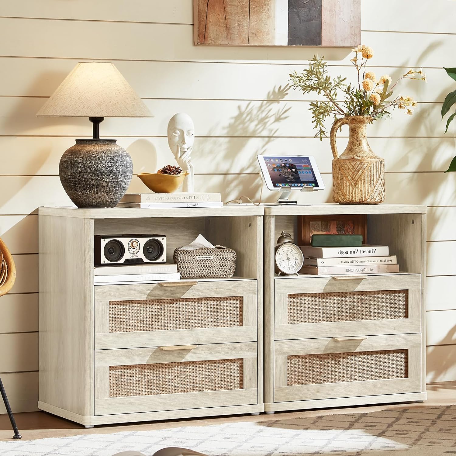 LEYAOYAO Boho Night Stands Set 2 with Charging Station, 23" Rattan Nightstand with 2 Drawers, White Bed Side Table, Bedside End Tables for Bedroom, Living Room Hallway