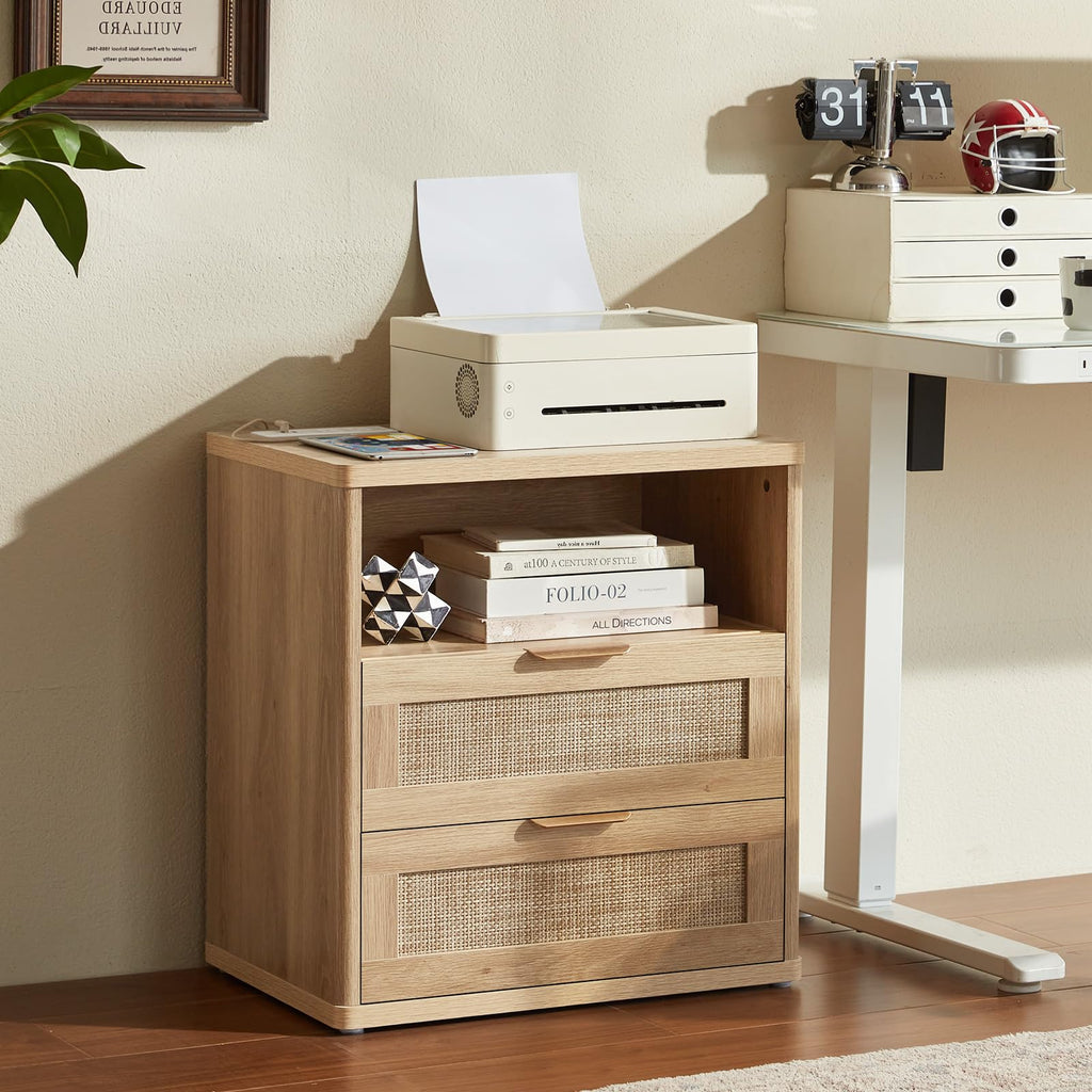 Lerliuo Rattan NightStand with Charger Station, 23" Wide Boho Bedside Table with Drawers, Natural Wood Night Stand Open Storage Cabinet, Bed Side End Table Dresser for Living Room, Hallway, Bedroom