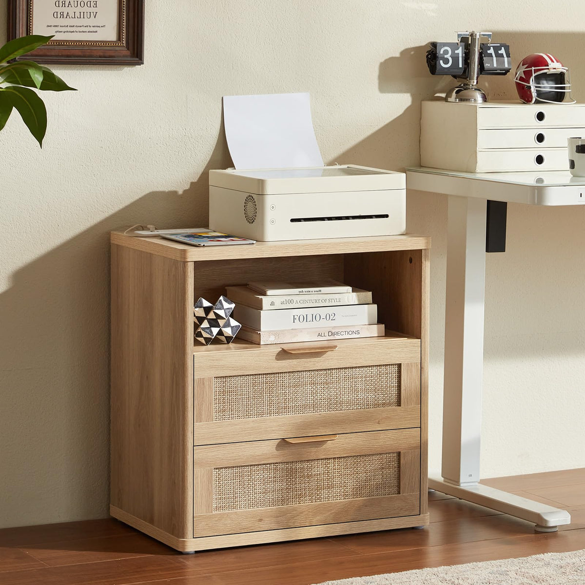 Lerliuo Rattan NightStand with Charger Station, 23" Wide Boho Bedside Table with Drawers, Natural Wood Night Stand Open Storage Cabinet, Bed Side End Table Dresser for Living Room, Hallway, Bedroom