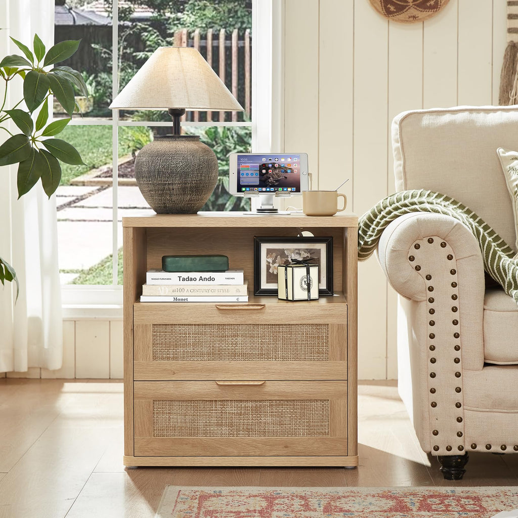 LEYAOYAO Rattan Nightstands Set of 2 with Charging Station, Boho Night Stand Dresser for Bedroom with Drawer, Grey White Bedside Table Open Storage Cabinet, Bed Side End Table, Living Room, Hallway