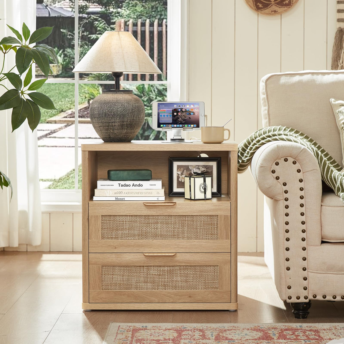 LEYAOYAO Rattan Nightstands Set of 2 with Charging Station, Boho Night Stand Dresser for Bedroom with Drawer, Grey White Bedside Table Open Storage Cabinet, Bed Side End Table, Living Room, Hallway