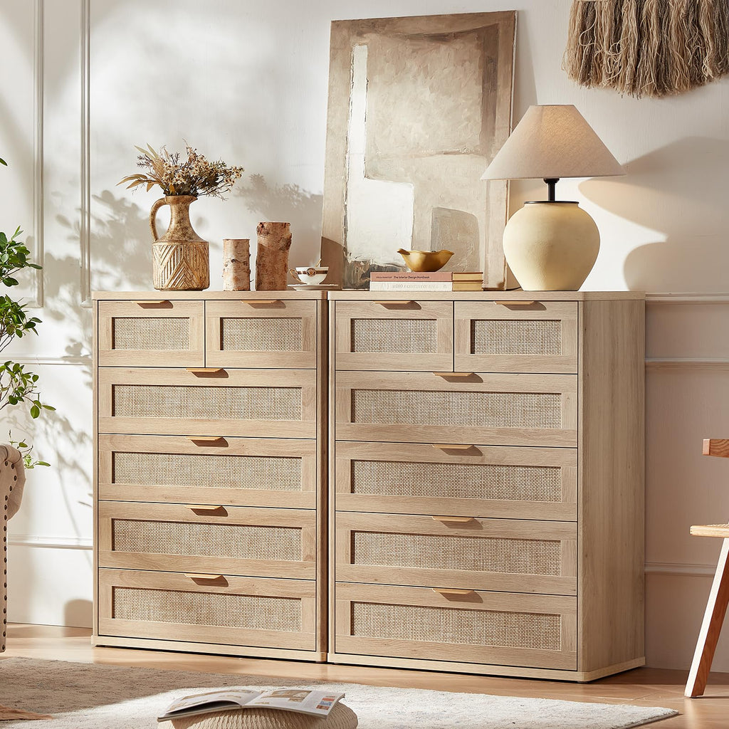 LEYAOYAO Rattan Dresser and Nightstand Set of 3, Boho Wood Dresser for Bedroom with 6 Drawers and Night Stand with Charging Station, Bedroom Furniture, Dressers & Chests of Drawers, Living Room