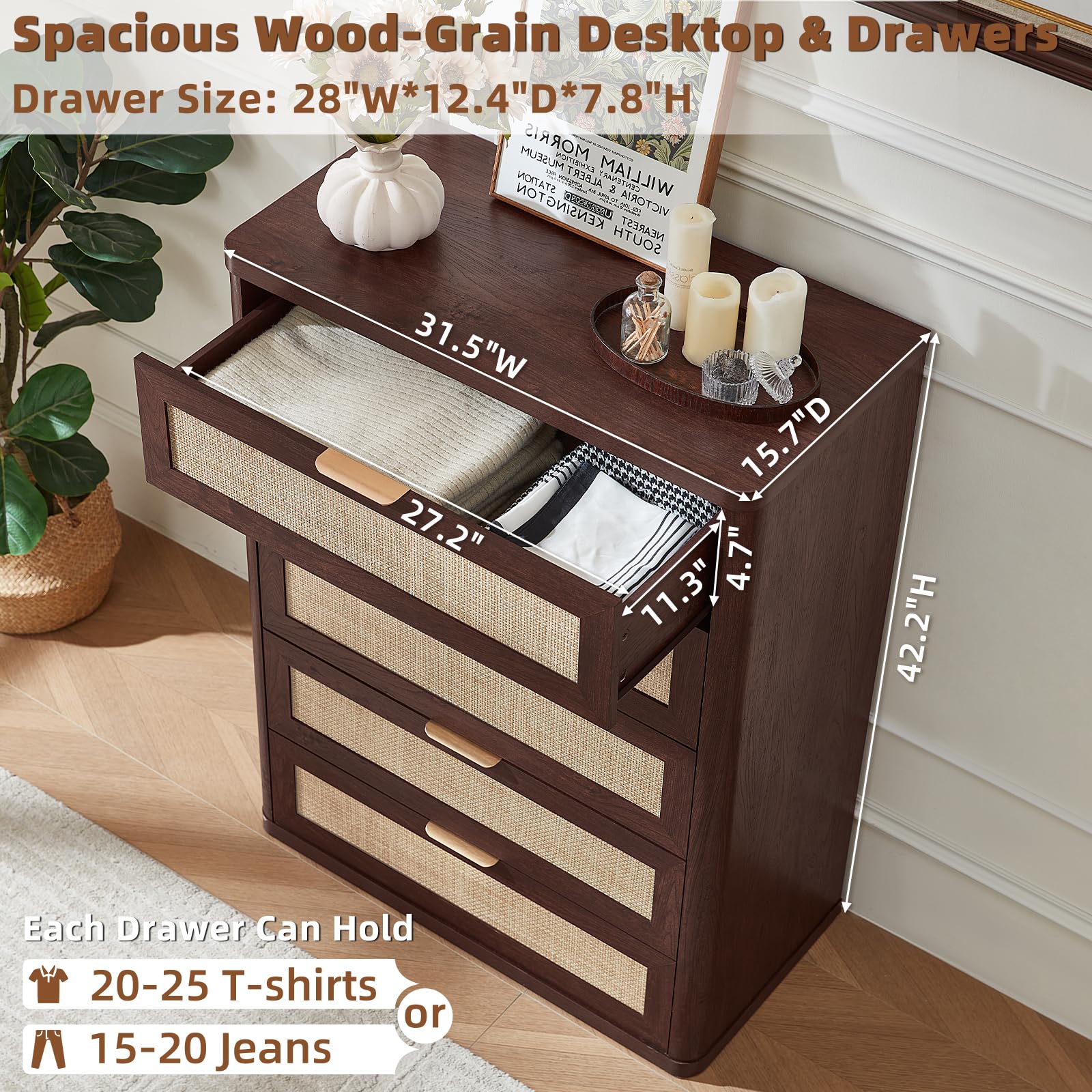 LEYAOYAO Rattan Dresser for Bedroom, 41" Tall Chest of Drawers