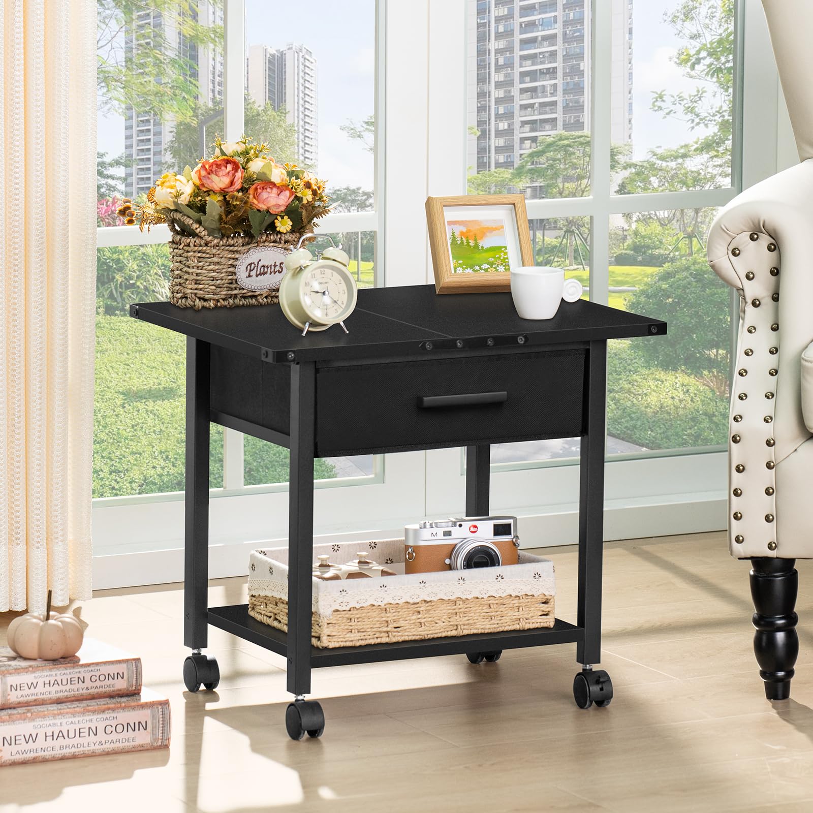 Lerliuo Under Desk Rolling Printer Stand with Drawer, 2-Tier Industrial Mobile Printer Table Desk with Storage Shelf and Steel Frame, Printer Cart Holder with Lockable Wheels for Home, Office (Brown)