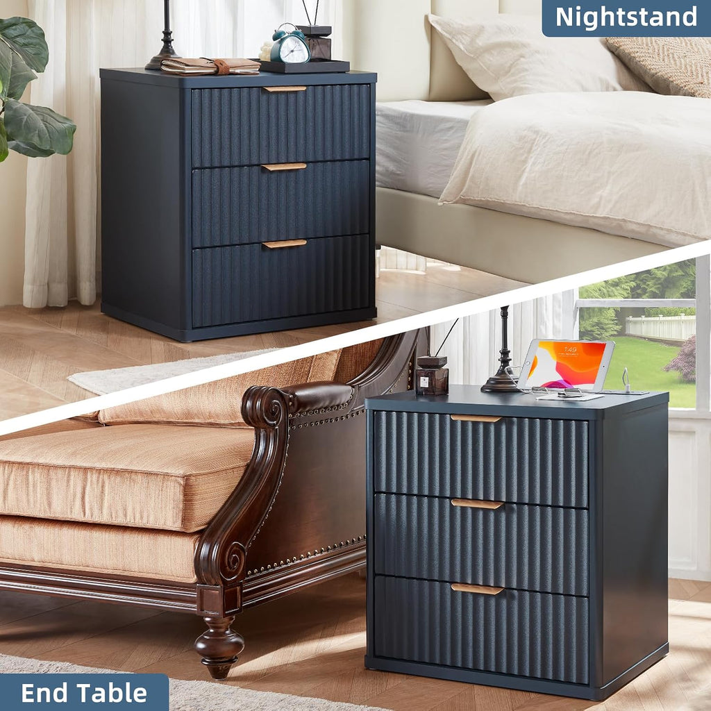 LEYAOYAO Fluted Lift Top Coffee Table and Nightstand Set,Wood 48" Wide Center Tables & 23" Night Stand with 3 Drawers,Farmhouse Living Room Suites for Bedroom Home Living Room Hallway,Blue
