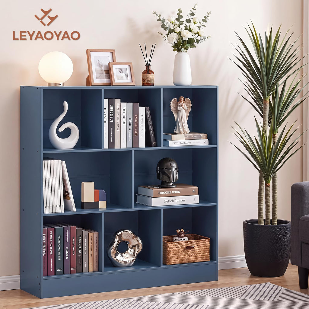 LEYAOYAO 7 Cube Bookshelf with Base,3 Tier Mid-Century Modern Blue Bookcase,Standing Wide Bookshelves Storage Organizer Shelf,Rustic Wood Display Cabinet Book Shelves for Bedroom,Living Room,Office