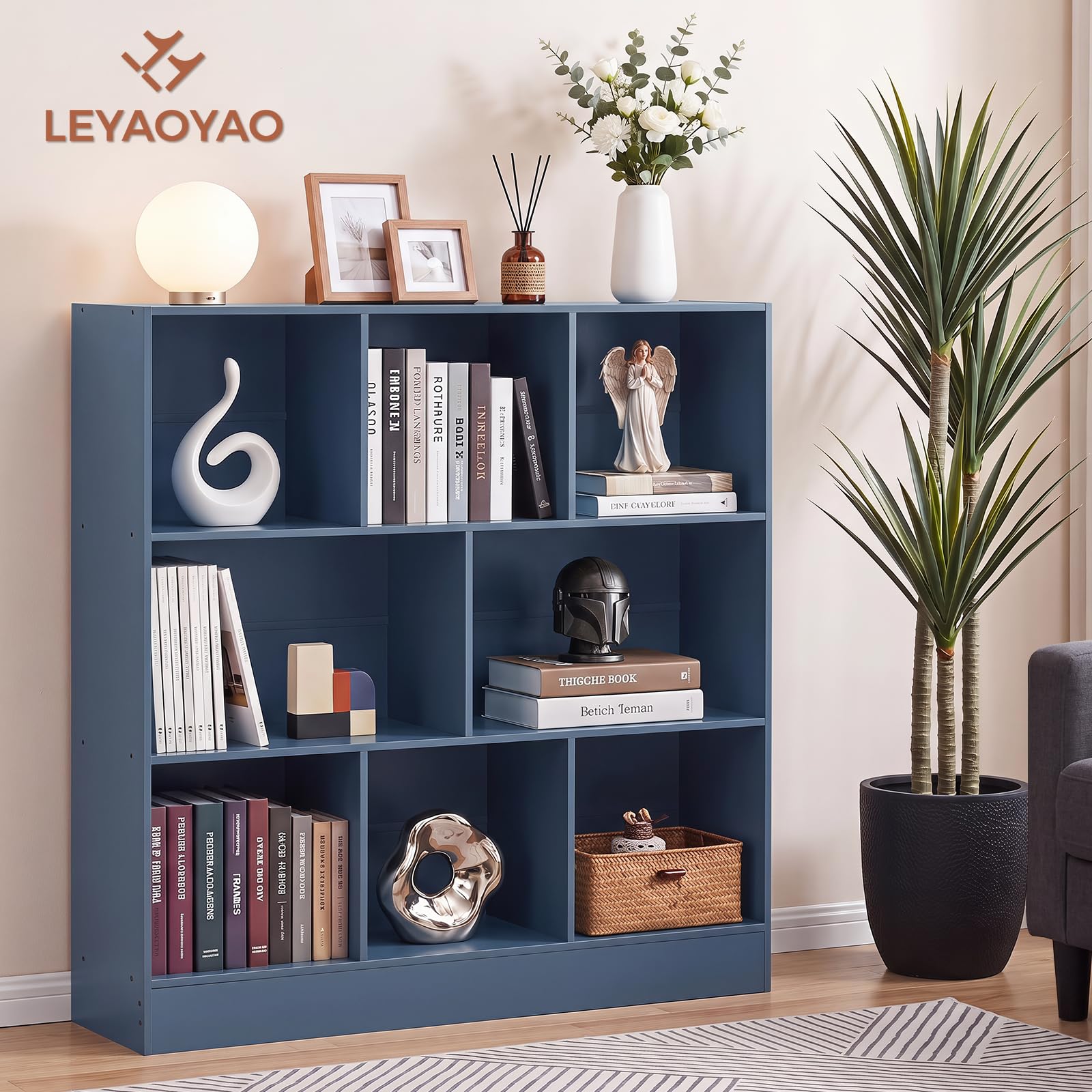 LEYAOYAO 7 Cube Bookshelf with Base,3 Tier Mid-Century Modern Blue Bookcase,Standing Wide Bookshelves Storage Organizer Shelf,Rustic Wood Display Cabinet Book Shelves for Bedroom,Living Room,Office