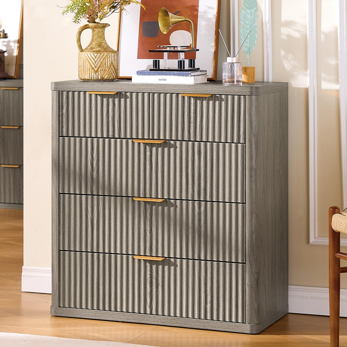 LEYAOYAO 23" Wide Fluted Night Stand with Charging Station, 3 Drawers Large End Table with Storage, LightGrey Nightstand Wood Bedside Tables, Farmhouse Cabinet Dresser for Bedroom, Closet