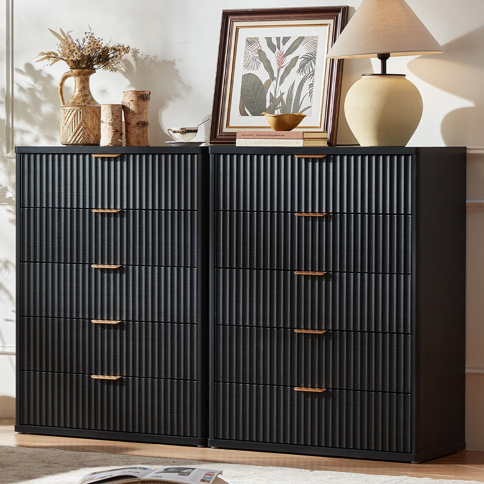LEYAOYAO Fluted 5 Drawers Dresser for Bedroom, 41" Tall Modern Chest of Drawers with Metal Handle, Curved Profile Design,Natural Wood Drawer Organizer for Bedroom, Living Room, Hallway, Entryway