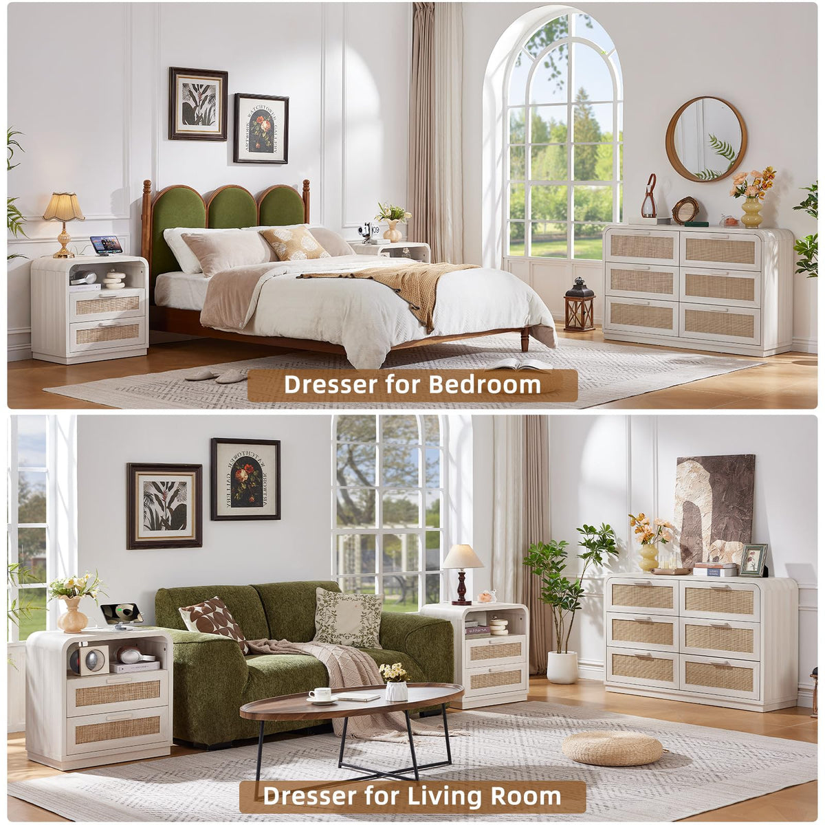 LEYAOYAO Rattan Nightstands Set of 2 with Charging Station, Natural