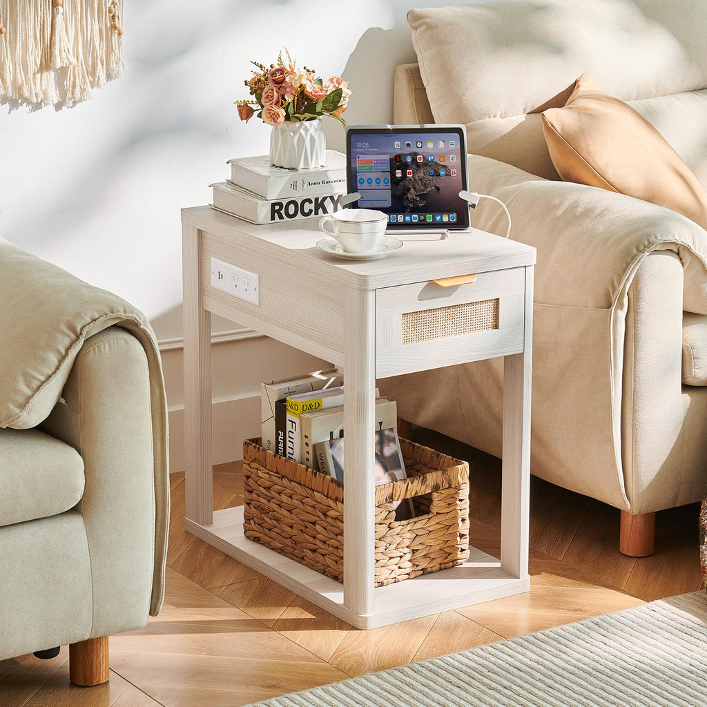 LEYAOYAO Narrow Side Table with Charging Station, Rattan 24 x 14''