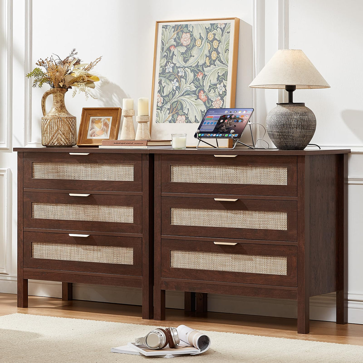 LEYAOYAO 26.8" Wide Rattan Nightstands Set of 2, Large Boho Night Stand