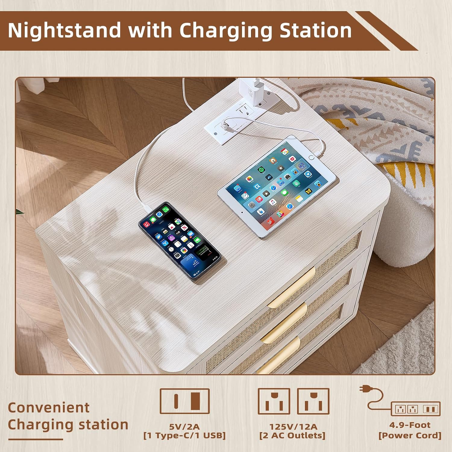 LEYAOYAO Rattan 23" Nightstands with Charger Station 2 Drawers