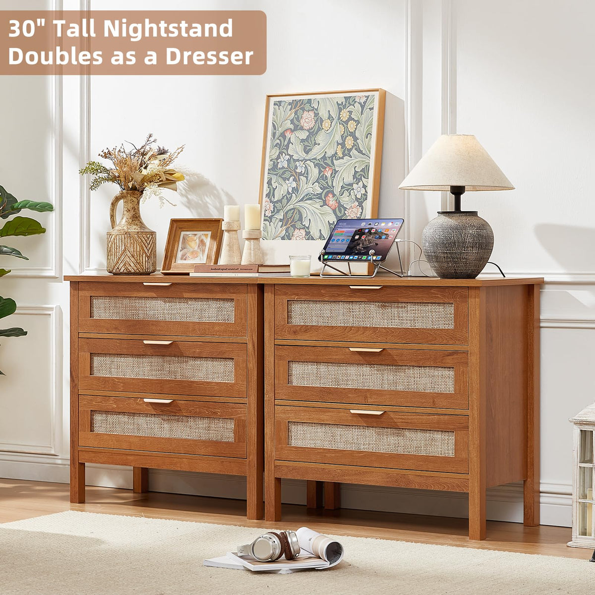 LEYAOYAO 26.8" Wide Rattan Nightstands Set of 2, Large Boho Night Stand