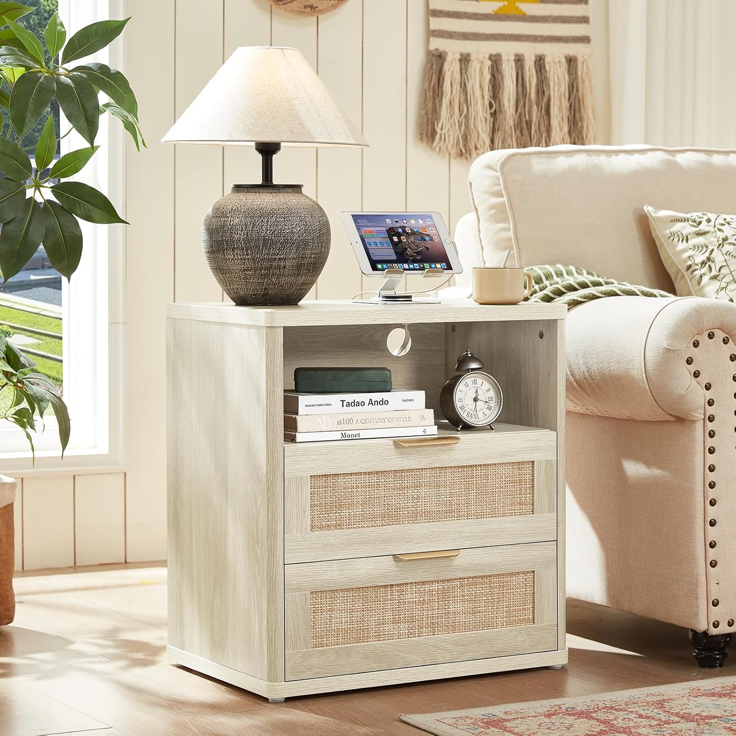 LEYAOYAO Boho Night Stands Set 2 with Charging Station, 23" Rattan Nightstand with 2 Drawers, White Bed Side Table, Bedside End Tables for Bedroom, Living Room Hallway