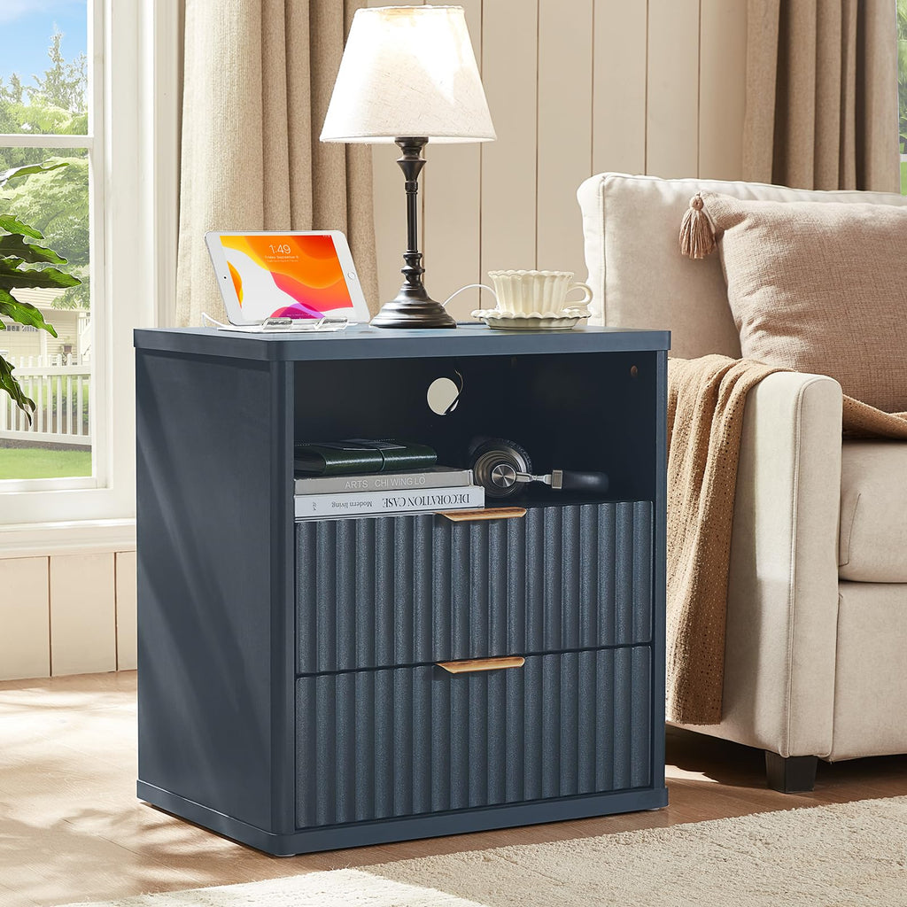 Lerliuo Fluted Nightstand with Charging Station, 23" Wide 2 Drawers End Table, Blue Night Stand with Open Storage Cabinet, Farmhouse Bed Side Tables, Wood Dresser for Bedroom