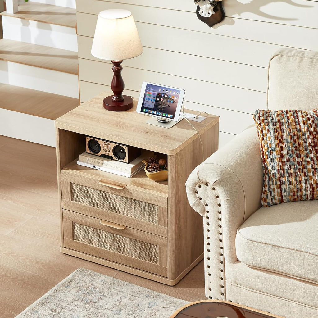 LEYAOYAO Rattan Nightstand Set of 2 with Charging Station, 1 & 2 Drawers Boho Night Stand Dresser for Bedroom, Natural Wood Bedside Table Open Storage Cabinet, Bed Side End Tables, Living Room,Hallway
